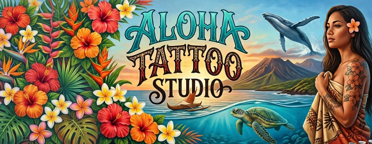 Aloha Tattoo Studio — painted Hawaiian scene with hibiscus flowers, ocean, a turtle and a whale