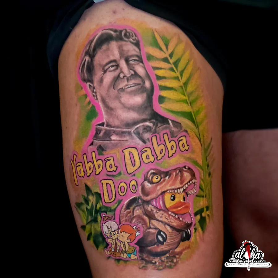 Colour cartoon tattoo by Thomas Palaniuk, Gloucester