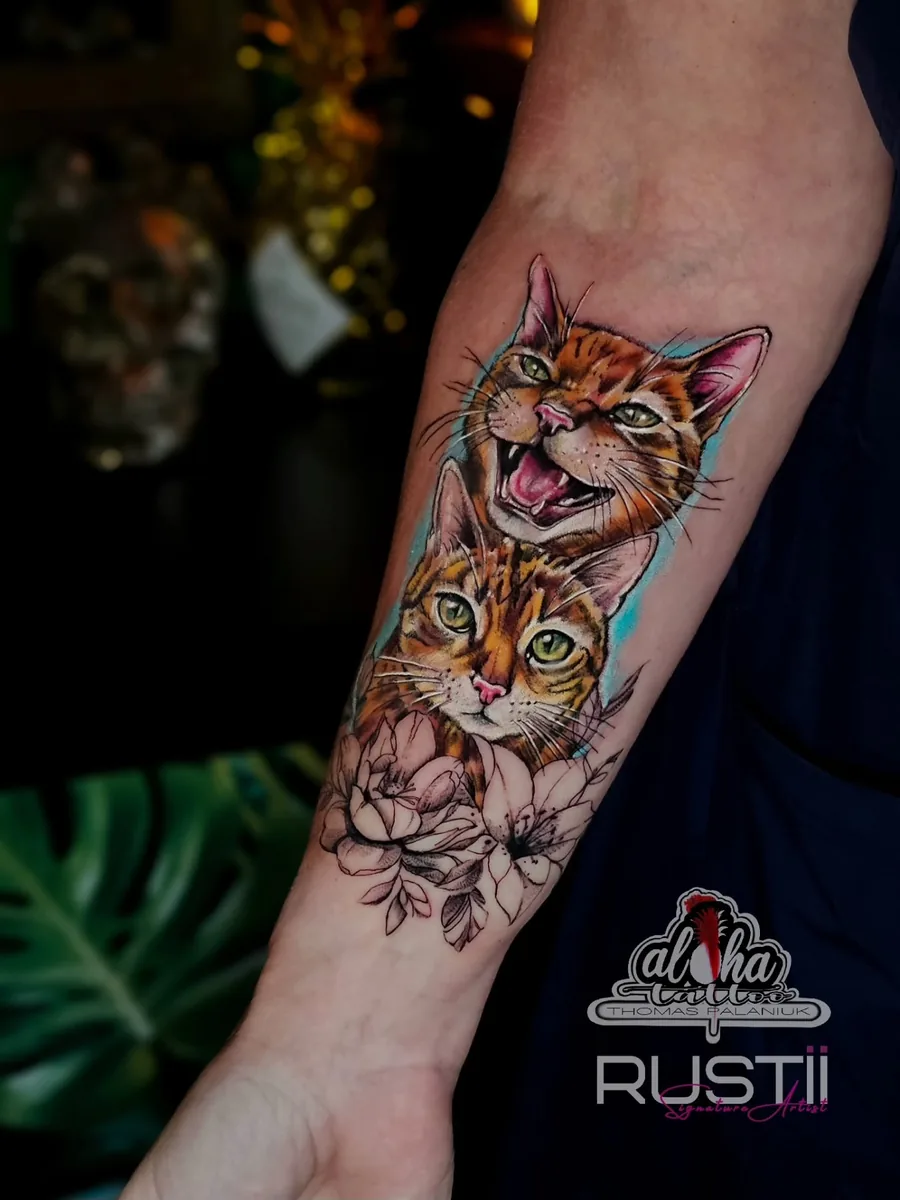 Tattoo by Thomas Palaniuk — Cat & blossoms (colour realism)
