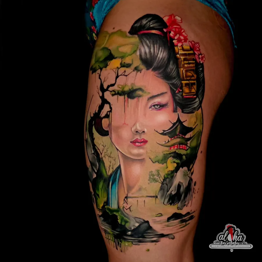 Tattoo by Thomas Palaniuk — Geisha & blossom (colour realism)