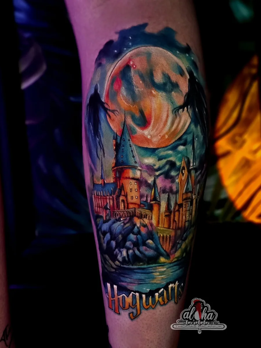 Tattoo by Thomas Palaniuk — Hogwarts nightscape (watercolour)